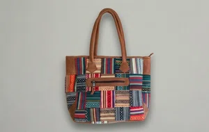 Handmade Cotton & Leather Patchwork Tote Bag for Women - Multi-Color Woven Shoulder Bag with Zipper Closure