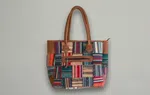 Handmade Cotton & Leather Patchwork Tote Bag for Women - Multi-Color Woven Shoulder Bag with Zipper Closure