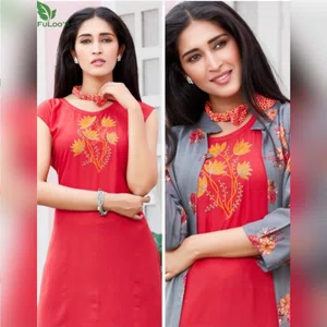 GF Women Designer Kurti with Jacket Set # Red
