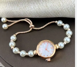 Luxury Pearl Bracelet Watch For Women Rose Gold Case Elegant Quartz Wristwatch With Adjustable Drawstring