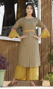 Gray (Plus Size) Rayon Slub Straight Embroidery Kurti With Palazzo