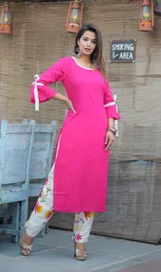 Rani Pink Rayon Straight Solid Kurti With Printed Pant