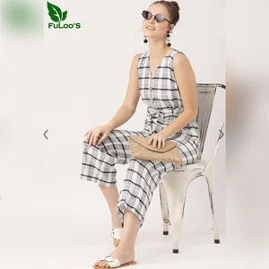 FuLoo's White & Black Check Jumpsuit for Women