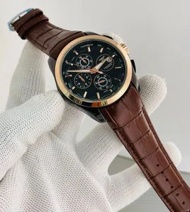 Watch For Men Brown Leather Strap Stainless Steel Case Date Function Black Dial Chronograph Design