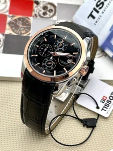 Watch For Men Brown Leather Strap Stainless Steel Case Date Function Black Dial Chronograph Design