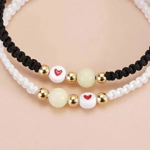 2 Pcs/Set Glow in the Dark Heart Braided Rope Couple Bracelets - Adjustable Matching Relationship Jewelry Gift