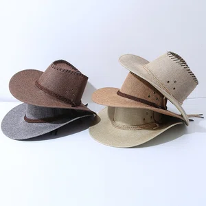 Unisex Wide Brim Linen Straw Cowboy Hat - Breathable Summer Beach Sun Protection Cap with Adjustable Wind Rope for Men & Women