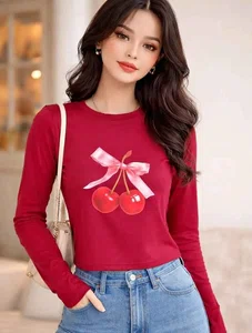 \"Fashion Cherry Print Crew Neck T-shirt Y2K Long Sleeve Tight Fit Crop Top\"
