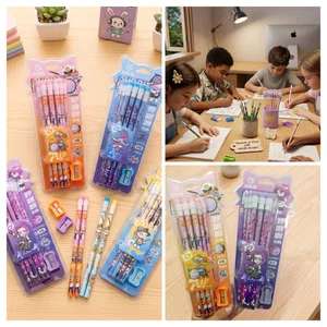 12 Pcs Cute Cartoon HB Pencil Set with Sharpener & Eraser – Kawaii Stationery Kit Sketching Drawing Pencils for Kids Boys Girls School Gift