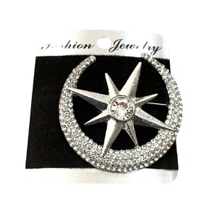 Middle Star New Moon Design American Diamond Brooch/Pin For Saree And Coat-1 Pcs