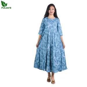 Fuloo's Sky Blue Rayon Anarkali Printed Kurti