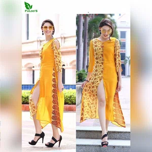 FuLoo's Yellow Dress Heavy Crazy Printed Georgette for Women #YLO