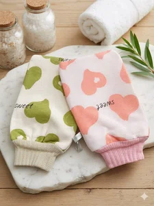 Korean Style Double-Sided Deep Exfoliating Bath Mitt - Cute Love Heart Print Dead Skin Remover Glove