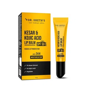 Dr. Sheth's Kesar & Kojic Acid Lip Balm|Reduces Lip Pigmentation|SPF 50+ PA+++|24H Moisturization|Non Sticky|Lightweight|For Dark,Dry,Flaky Lips|Natural Oils & Butters|All Genders|10g