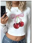 Women\'s Long Sleeve Cherry Print Crop Top