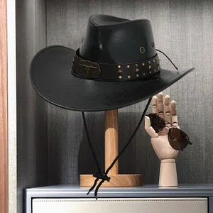 Unisex Premium Black Faux Leather Cowboy Hat - Retro Western Style Wide Brim Outing Cap with Studded Belt and Adjustable Chin Cord for Men & Women