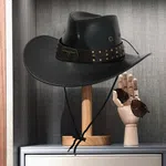 Unisex Premium Black Faux Leather Cowboy Hat - Retro Western Style Wide Brim Outing Cap with Studded Belt and Adjustable Chin Cord for Men & Women
