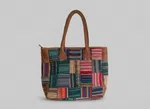 Handmade Cotton & Leather Patchwork Tote Bag for Women - Multi-Color Woven Shoulder Bag with Zipper Closure