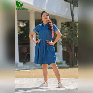Fuloo's Lima Blue Solid Denim Dress for Women.