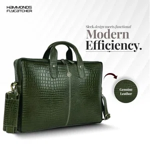HAMMONDS FLYCATCHER Genuine Leather Office Bag for Men, 15.6 Inch Laptop Bag, Professional Leather Bag, Adjustable Straps, Multiple Compartments  - Croc Olive Green