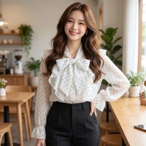Elegant White Polka Dot Bow Blous