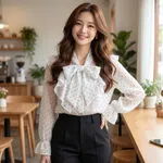 Elegant White Polka Dot Bow Blous