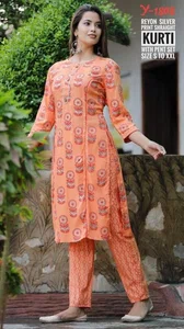 Peach Rayon Straight Embroidery Kurti With Bottom