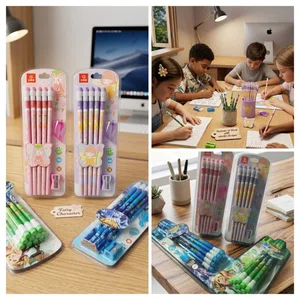 Kids 12-In-1 HB Wooden Pencil Pack With Built-In Sharpener Head School Stationary Set