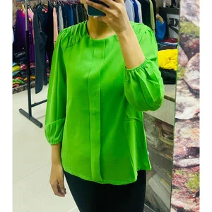 Round Neck Summer Stylish Long Sleeves Shoulder Wrapped Chiffon Tops For Ladies