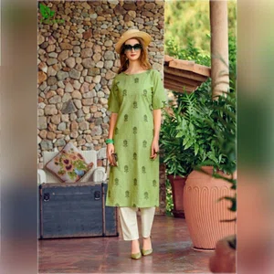 FuLoo's Olive Pure Cotton Pattern Designer Embroidered Kurti for Women (ONLY KURTI) #03