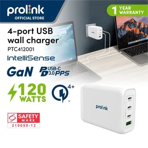 PROLiNK 120W 4-port GaN Wall Travel Charger High Power Compact Size 3x USB-C Port PD3.0 (with PPS) / USB-A QC3.0 Port - PTC412001