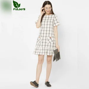 FuLoo's Salta Off-White Checked A-Line Dress for Women