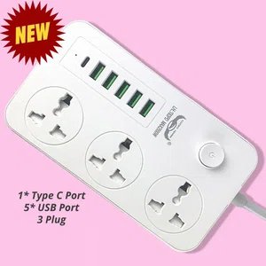 LUCKY HAWK 5V 3.4A 3 International Power Trailing Socket Extension Plug 6 USB Port