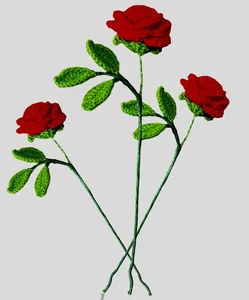 Crochet Red Rose with Leaves -3PCs