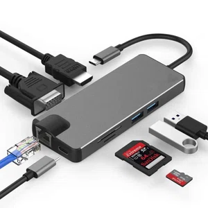 8 in 1 Type C USB hub, Type C Adapter with HDMI Port, VGA Port, Gigabit Ethernet Port RJ45, USBC Power Delivery, 2 USB 3.0, TF/SD Card Reader for MacBook Pro, Google Chromebook
