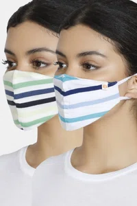 Zivame Reusable 2 Layer Printed Knit Cotton Antiviral Face Mask (Pack of 2) For Women - Navy Green Strp