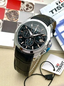 Watch For Men Black Leather Strap Stainless Steel Case Date Function Black Dial Chronograph Design