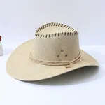 Unisex Wide Brim Linen Straw Cowboy Hat - Breathable Summer Beach Sun Protection Cap with Adjustable Wind Rope for Men & Women
