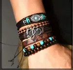 6 Pcs Men\'s Vintage Multilayer Leather Adjustable  Bracelet Set