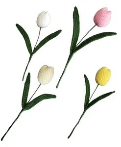 Crochet 4 Differnt Colour Tulip Flower with Fine Leaf -4Pcs