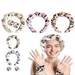 3Pcs Pink Leopard Print Spa Headband and Wristband Set - Puffy Sponge Makeup Hairband & Water Absorbent Wrist Washbands Skincare Combo Pack for Women & Girls