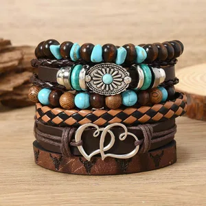 6 Pcs Men\'s Vintage Multilayer Leather Adjustable  Bracelet Set