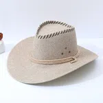 Unisex Wide Brim Linen Straw Cowboy Hat - Breathable Summer Beach Sun Protection Cap with Adjustable Wind Rope for Men & Women