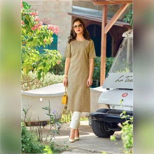 FuLoo's Olive Pure Cotton Pattern Designer Embroidered Kurti for Women (ONLY KURTI) #06