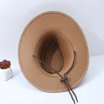 Unisex Wide Brim Linen Straw Cowboy Hat - Breathable Summer Beach Sun Protection Cap with Adjustable Wind Rope for Men & Women