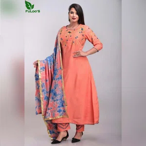 Rani Pink Rayon Straight Printed Kurti With Pant And Dupatta
