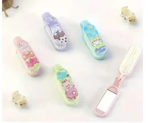 Cute Cartoon 2-in-1 Foldable Hair Brush with Mirror Portable Travel Pocket Comb
