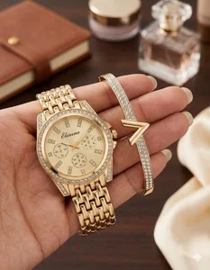 Stainless Steel Round Shape Golden Dial Women\'s Fashion Wrist Watch With V Shape Bangel For Women