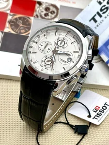 Watch For Men Brown Leather Strap Stainless Steel Case Date Function White Dial Chronograph Design