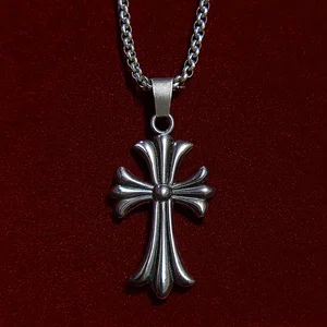 Chrome Hearts Inspired Vintage Silver Cross Pendant Necklace - Premium Stainless Steel Retro Gothic Chain Punk Hip Hop Jewelry for Men & Boys